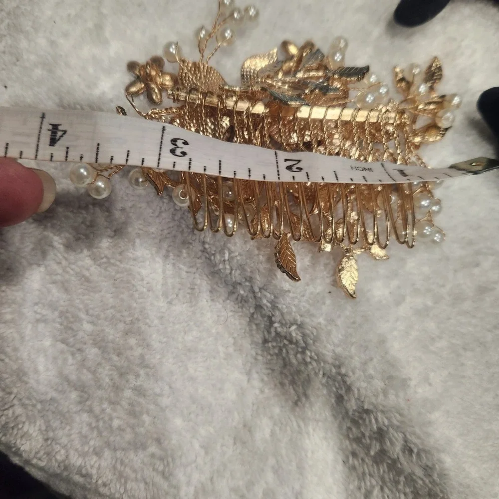 Gold‎ Floral Pearl Hair Comb Bridal Wedding Enamel Flower Rhinestone Headpiece